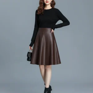 Jupe Patineuse Marron Similicuir Plissée
