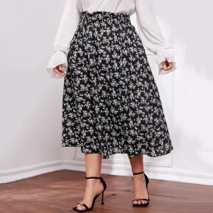 Jupe longue à fleurs noire et blanche grande taille
