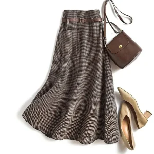 Jupe pied de poule midi taille haute et ceinture fine